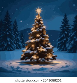  Christmas Tree On Snow In Night