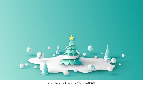 Christmas tree on snow pile decorated with Christmas ornaments and balls is bouncing. Merry Christmas and happy new year. paper cut and craft style. vector, illustration.