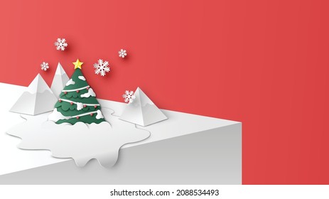 Christmas tree on snow pile decorated with Christmas ornaments. Merry Christmas and happy new year. paper cut and craft style. vector, illustration.