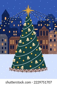 Christmas tree on snow street in winter. Decorated holiday fir on old town square. Xmas firtree with festive ornament, bauble star, garland outdoors in Europe city at night. Flat vector illustration