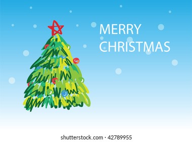christmas tree on snowing background, christmas greetings. 1 of the 6 same styled christmas cards i draw, please check the rest in my profile.