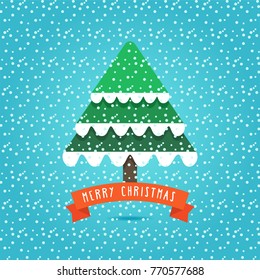 Christmas tree on the snowy background. Flat colorful illustration