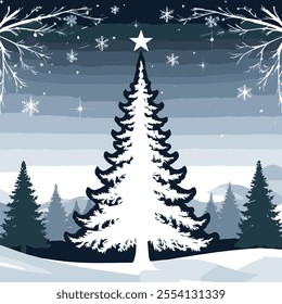Christmas tree on a snowy night with a white background