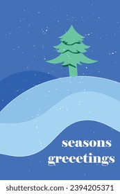 Christmas tree on top of a snow covered hill with snow falling down. With text Seasons Greetings. For Christmas designs.