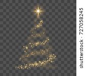 Christmas tree on transparent background. Gold Christmas tree as symbol of Happy New Year, Merry Christmas holiday celebration. Golden light decoration. Bright shiny design Vector illustration