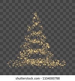 Christmas tree on transparent background. Gold Christmas tree as symbol of Happy New Year, Merry Christmas holiday celebration. Golden light decoration. Bright shiny design Vector illustration