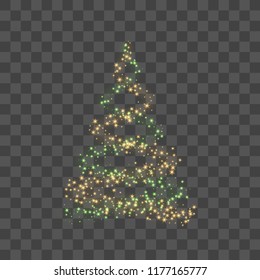 Christmas tree on transparent background. Gold Christmas tree as symbol of Happy New Year, Merry Christmas holiday celebration. Golden light decoration. Bright shiny design Vector illustration