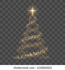 Christmas tree on transparent background. Gold Christmas tree as symbol of Happy New Year, Merry Christmas holiday celebration. Golden light decoration. Bright shiny design Vector illustration