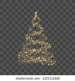 Christmas tree on transparent background. Gold Christmas tree as symbol of Happy New Year, Merry Christmas holiday celebration. Golden light decoration. Bright shiny design Vector illustration