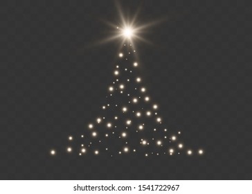 Christmas tree on a transparent background. Vector illustration of a beautiful spruce. Golden Christmas tree as a symbol of happy New Year, merry Christmas holiday.