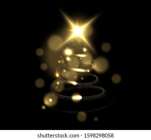 Christmas tree on transparent background. Gold Christmas tree as symbol of Happy New Year, Merry Christmas holiday celebration. Golden light decoration. Bright shiny design Vector illustration