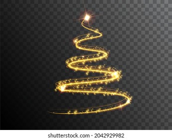 Christmas tree on transparent background. Light effect Christmas tree. Symbol of Happy New Year, holiday celebration. Golden light effect