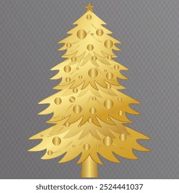 Arbre de Noël sur fond transparent. Arbre de Noël en or comme symbole de Joyeuse Nouvelle Année, Joyeuse fête de Noël. Décoration lumineuse dorée. Illustration vectorielle de design brillant