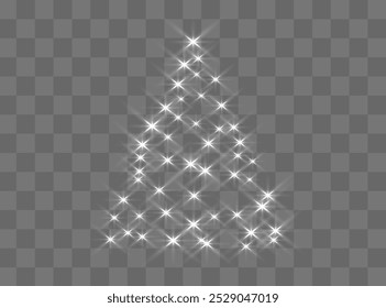 Árbol de Navidad sobre fondo transparente. Árbol de Navidad de oro como símbolo de Feliz Año Nuevo, Feliz celebración de vacaciones de Navidades. Decoración de luz dorada. Ilustración vectorial de diseño brillante brillante