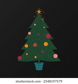 Ein Weihnachtsbaum auf transparentem Hintergrund. Ein Tannenbaum mit Ballons und einem Goldstern an der Spitze