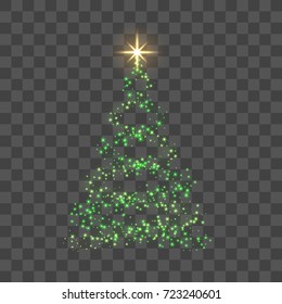 Christmas tree on transparent background. Green Christmas tree as symbol of Happy New Year holiday, Merry Christmas celebration. Sparkle decoration. Bright gold star. Vector illustration