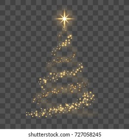 Christmas tree on transparent background. Gold Christmas tree as symbol of Happy New Year, Merry Christmas holiday celebration. Golden light decoration. Bright shiny design Vector illustration