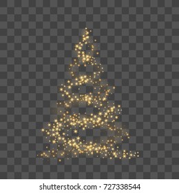 Christmas Tree On Transparent Background. Gold Christmas Tree As Symbol Of Happy New Year, Merry Christmas Holiday Celebration. Golden Light Decoration. Bright Shiny Design Vector Illustration