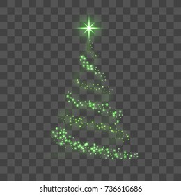 Christmas tree on transparent background. Green Christmas tree as symbol of Happy New Year, Merry Christmas holiday celebration. Light sparkle. Shiny design Vector illustration