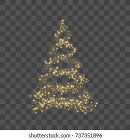 Christmas tree on transparent background. Gold Christmas tree as symbol of Happy New Year, Merry Christmas holiday celebration. Golden decoration. Bright design Vector illustration
