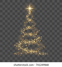Рождественская елка на прозрачном фоне. Золотая елка как символ счастливого Нового года, веселого праздника Рождества. Золотой свет украшения. Яркий блестящий дизайн Векторная иллюстрация