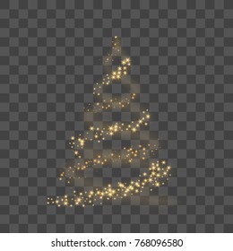 Christmas tree on transparent background. Gold Christmas tree as symbol of Happy New Year, Merry Christmas holiday celebration. Golden light decoration. Bright shiny design Vector illustration