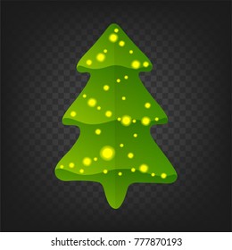 Christmas tree on transparent background. Cartoon Christmas tree as symbol of Happy New Year, Merry Christmas holiday celebration. Glow light decoration. Vector illustration