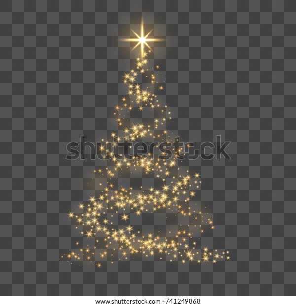 Christmas tree on transparent background.\
Gold Christmas tree as symbol of Happy New Year, Merry Christmas\
holiday celebration. Golden light decoration. Bright shiny design\
Vector illustration