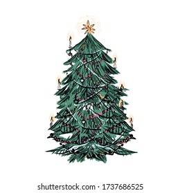 Christmas tree on white background. New year traditional home decor. Vector illustration design. 