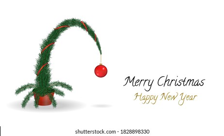 Christmas tree white background and tilted top  Red ball   ribbon green Christmas tree  Greeting card for new year  Vector 3d  Realistic