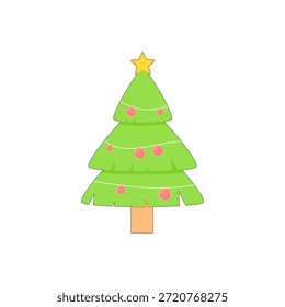 Christmas tree on a white background. Christmas tree with several red baubles and a star. Religious celebration. Vector illustration.
