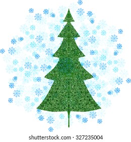 Christmas tree on white background with snowflakes. Doodle spruce tree. Vector illustration.