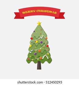 christmas tree on white background ,with label christmas text,flat design,vector eps10