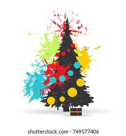 Christmas tree on white background with color spots. Grunge vector illustration