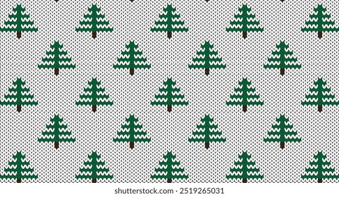 Christmas tree on white knitted pattern, Festive Sweater Design. Seamless Knitted Pattern, Christmas concept