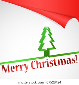 Christmas tree on white paper with red corner