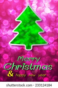 Christmas tree on a winter background with bokeh defocused lights., shiny effect, Happy New Year vector background 