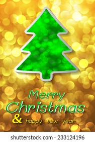Christmas tree on a winter background with bokeh defocused lights., shiny effect, Happy New Year vector background 