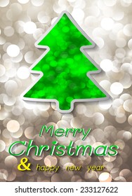 Christmas tree on a winter background with bokeh defocused lights., shiny effect, Happy New Year vector background 
