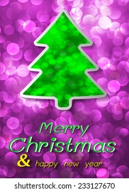 Christmas tree on a winter background with bokeh defocused lights., shiny effect, Happy New Year vector background 