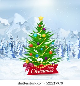 Christmas tree on winter snow background. Light blue landscape of mountains and  forest, snow and fall snowflakes. Merry Christmas and happy new year. Green tree with colorful ball