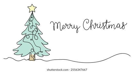 Christmas tree One continuous line drawing vector on white background. Doodle vector illustration. One line Merry Christmas concept. Line art, outline, banner in minimalist style.