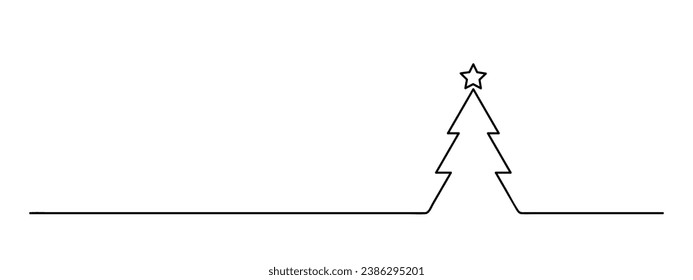 christmas tree one line art, new year lineart, black line vector illustration, horizontal design element