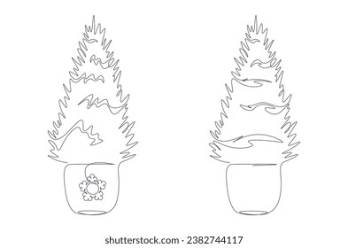 Christmas tree one line drawing. Spruce or pine in single continuous line art style. Fir on white isolated background. Eco-friendly Christmas. Have a Green Christmas. Set. Minimalistic illustration.