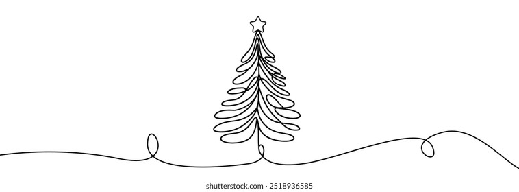Christmas tree one line drawing.Merry Christmas decoration continuous line.Continuous line drawing of christmas tree with a star.	