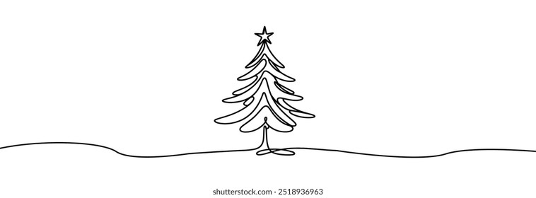 Árbol de navidad una línea de dibujo. Feliz Navidad decoración línea continua. Dibujo de línea continua de árbol de navidad con una estrella.	