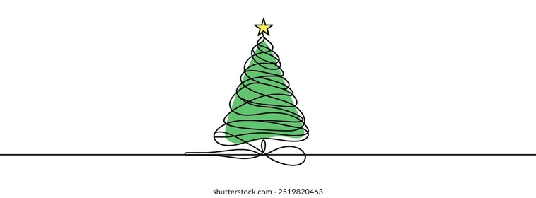 Christmas tree one line drawing.Merry Christmas decoration continuous line.Continuous line drawing of christmas tree with a star.