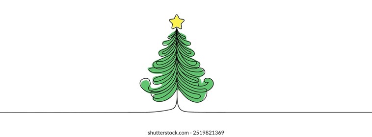 Christmas tree one line drawing.Merry Christmas decoration continuous line.Continuous line drawing of christmas tree with a star.