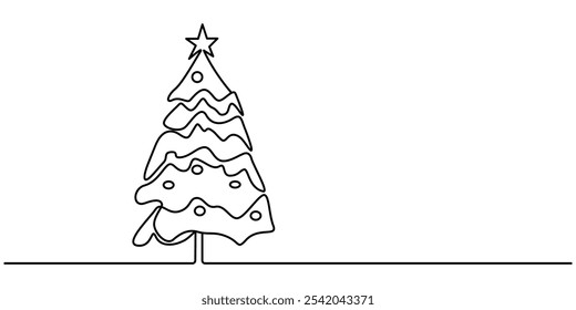 Christmas tree one line drawing.Merry Christmas decoration continuous line.Continuous line drawing of tree with a star, One line drawing Christmas tree, Christmas tree doodle Isolated.