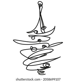 Christmas tree in one line on a white background. Decorated tree for the new year. Festive symbol of winter holidays. Abstract vector shape for greeting cards, advertising, print products, web banners